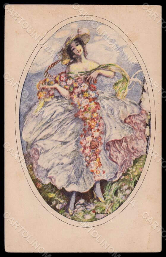 Artist Signed Illustratori Lady Flowers Spring BKWI 132-2 postcard VK7090 – fronte