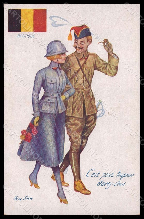 Artist Signed X. Sager Lady Belgium Soldier Flag Propaganda WWI 24 pc VK7286 – fronte