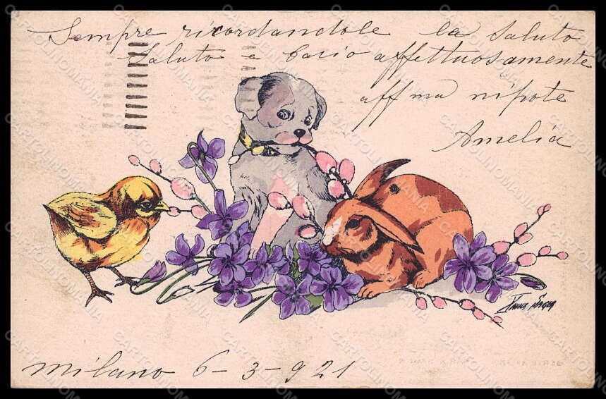 Artist Signed Xavier Sager Easter Rabbit Chick Violets Hand Painted 38 pc VK7306 – fronte