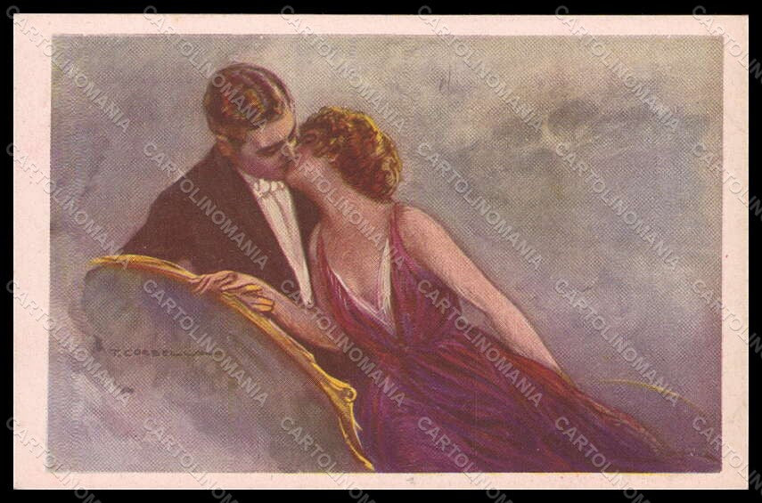Artist Signed Corbella Romantic Couple Lady Kiss Art Deco serie 513-2 pc VK7376 – fronte