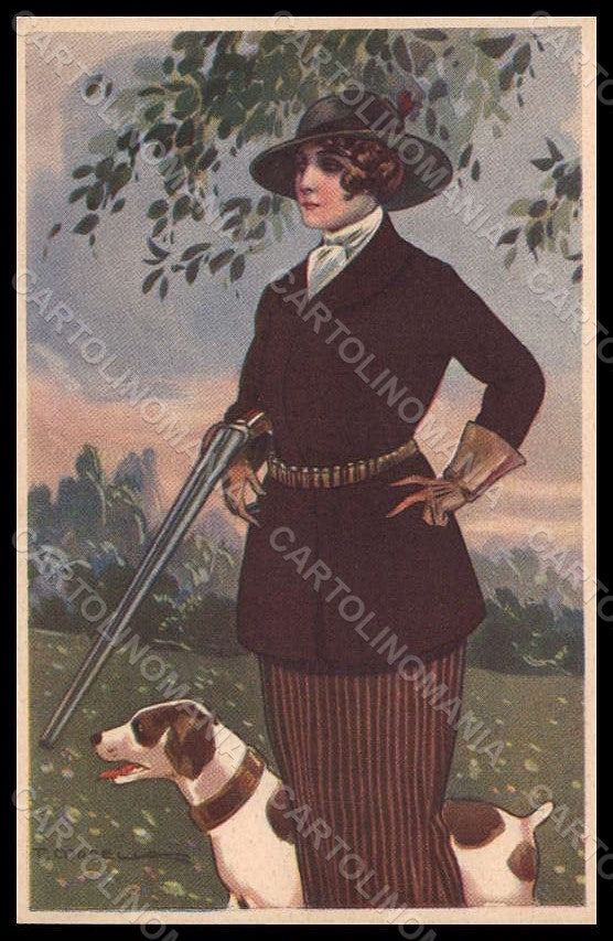 Artist Signed Corbella Fashion Lady Art Deco Hunting Dog serie 316-4 pc VK7385 – fronte