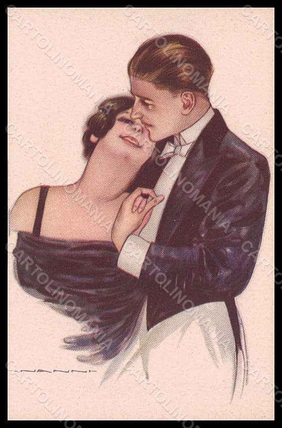 Artist Signed Nanni Romantic Couple Lady Kiss Art Deco serie 412-4 pc VK7396 - front