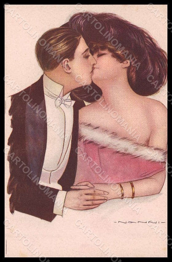 Artist Signed Nanni Romantic Couple Lady Kiss Art Deco serie 412-9 pc VK7401 – fronte
