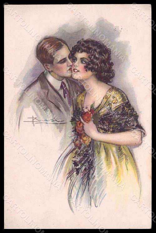 Artist Signed Busi Romantic Couple Lady Kiss Art Deco serie 528-5 pc VK7420 - front