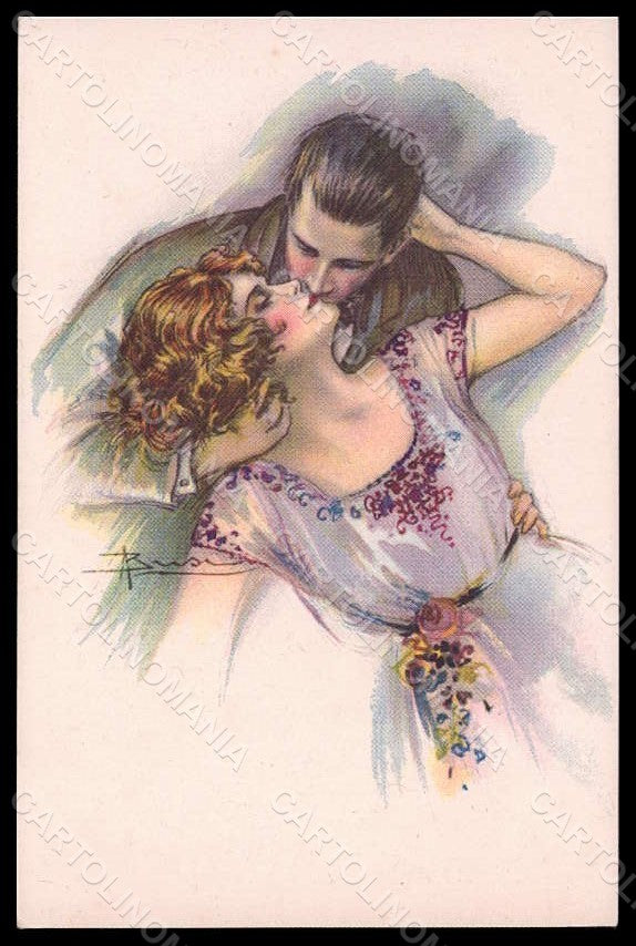 Artist Signed Busi Romantic Couple Lady Kiss Art Deco serie 528-4 pc VK7421 – fronte