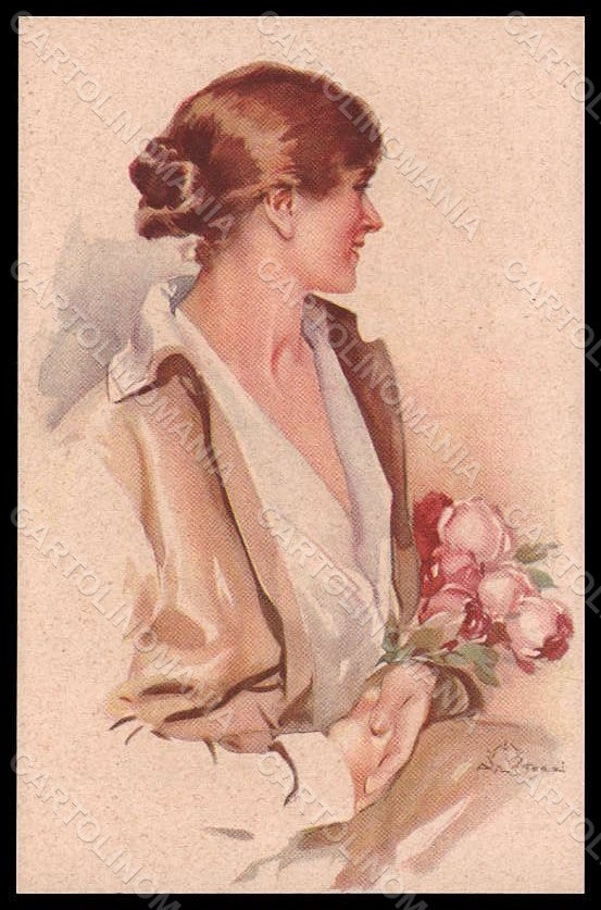 Artist Signed Terzi Fashion Lady Flowers Roses Art Deco serie 299-1 pc VK7440 – fronte
