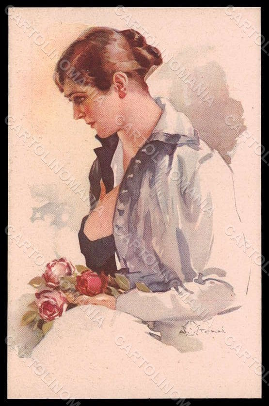 Artist Signed Terzi Fashion Lady Flowers Roses Art Deco serie 299-2 pc VK7441 – fronte