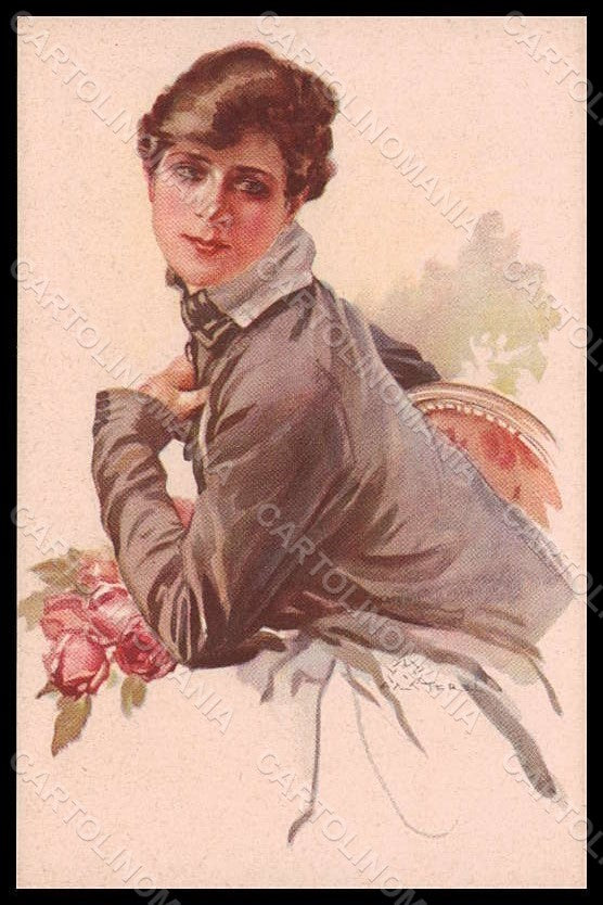Artist Signed Terzi Fashion Lady Flowers Roses Art Deco serie 299-3 pc VK7442 – fronte