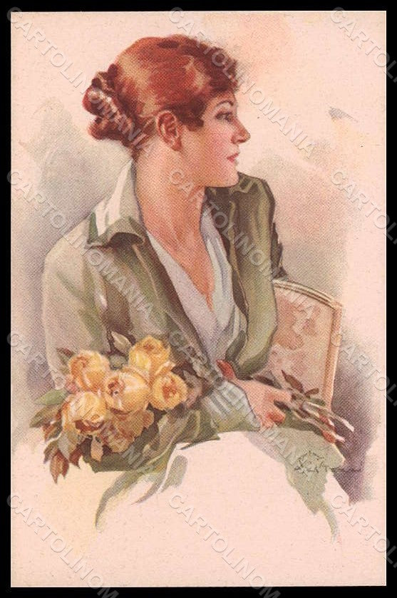 Artist Signed Terzi Fashion Lady Flowers Roses Art Deco serie 299-4 pc VK7443 – fronte