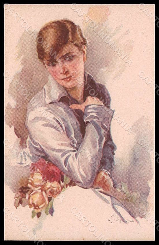 Artist Signed Terzi Fashion Lady Flowers Roses Art Deco serie 299-5 pc VK7444 – fronte
