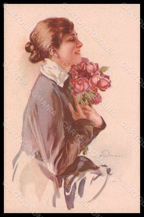 Artist Signed Terzi Fashion Lady Flowers Roses Art Deco serie 299-6 pc VK7445 – fronte