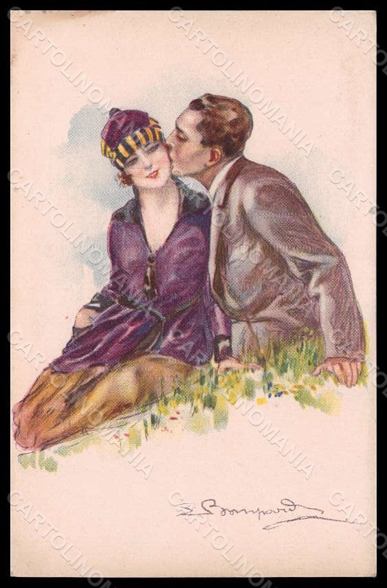 Artist Signed Bompard Romantic Couple Lady Kiss Art Deco serie 430-6 pc VK7482 – fronte