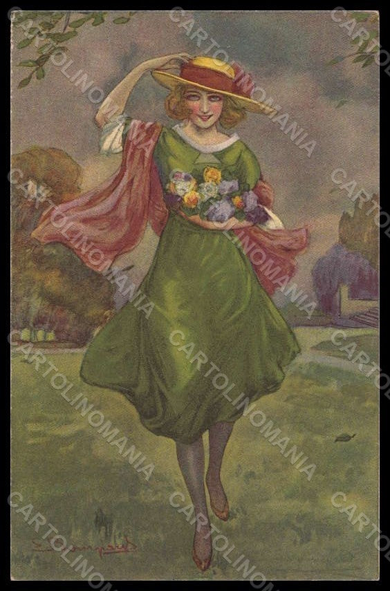 Artist Signed Bompard Fashion Lady Art Deco serie 945 CORNER CREASED pc VK7486 – fronte