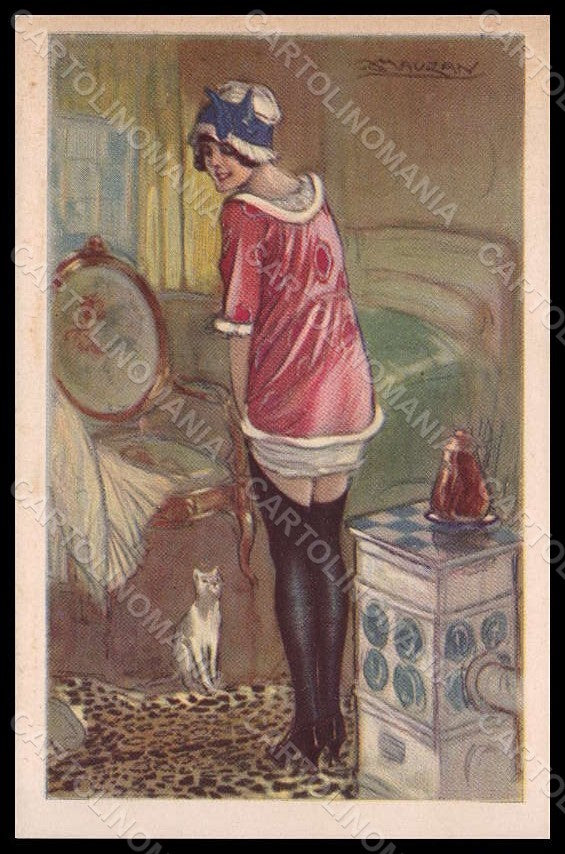Artist Signed Mauzan Fashion Lady Stocks Cat Art Deco serie 83-2 pc VK7529 – fronte