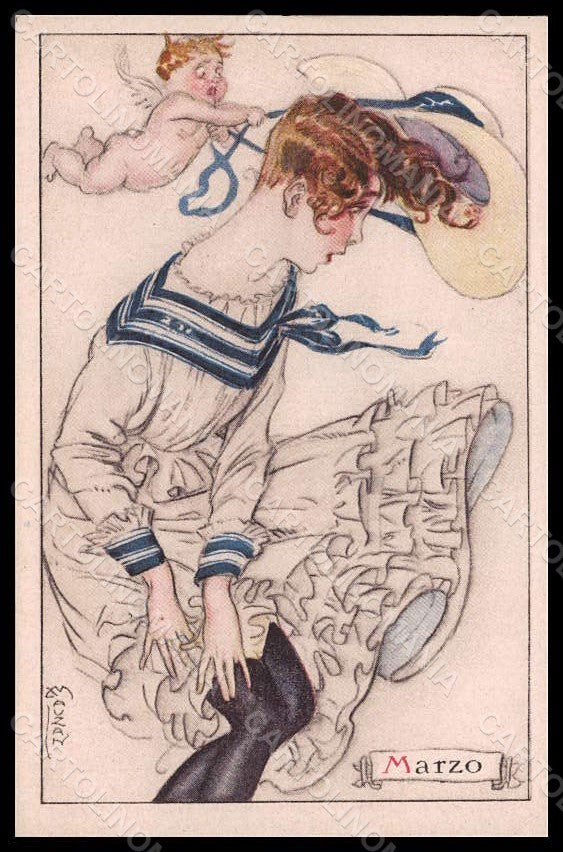 Artist Signed Mauzan Glamour Lady The Months March Cupid serie 13-3 pc VK7552 – fronte