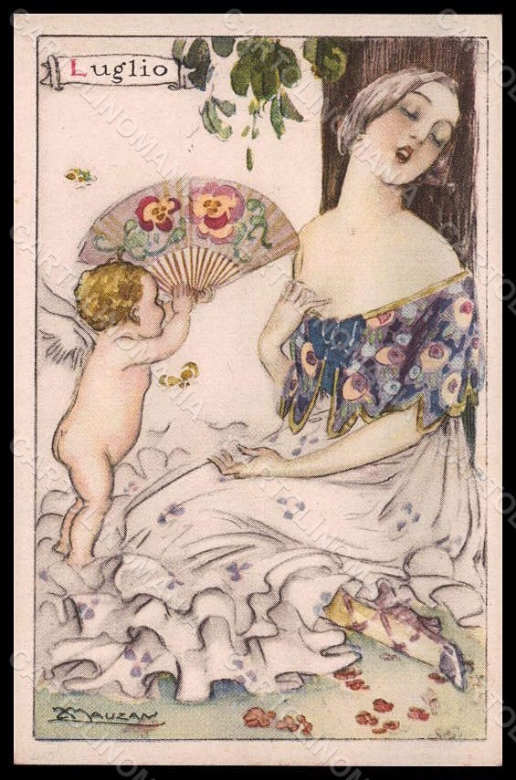 Artist Signed Mauzan Lady The Months July Cupid Art Deco serie 13-7 pc VK7556 – fronte