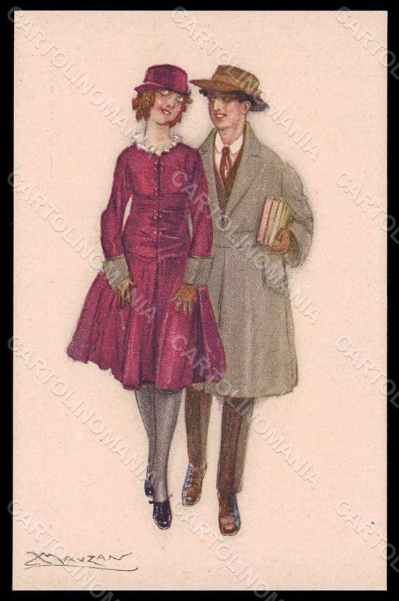 Artist Signed Mauzan Fashion Glamour Lady Romantic Couple serie 8-5 pc VK7565 – fronte