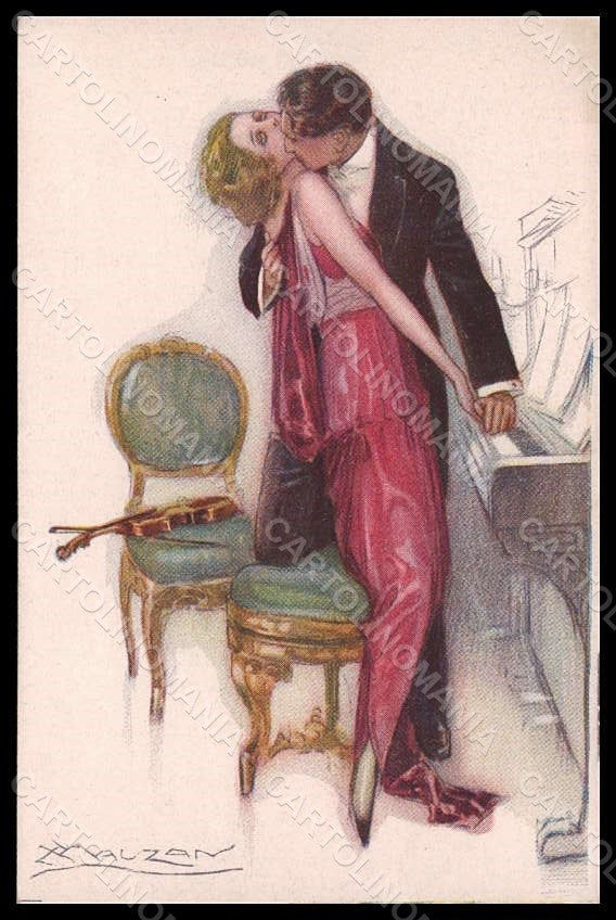 Artist Signed Mauzan Lady Romantic Couple Kiss Piano serie 386-2 pc VK7570 – fronte