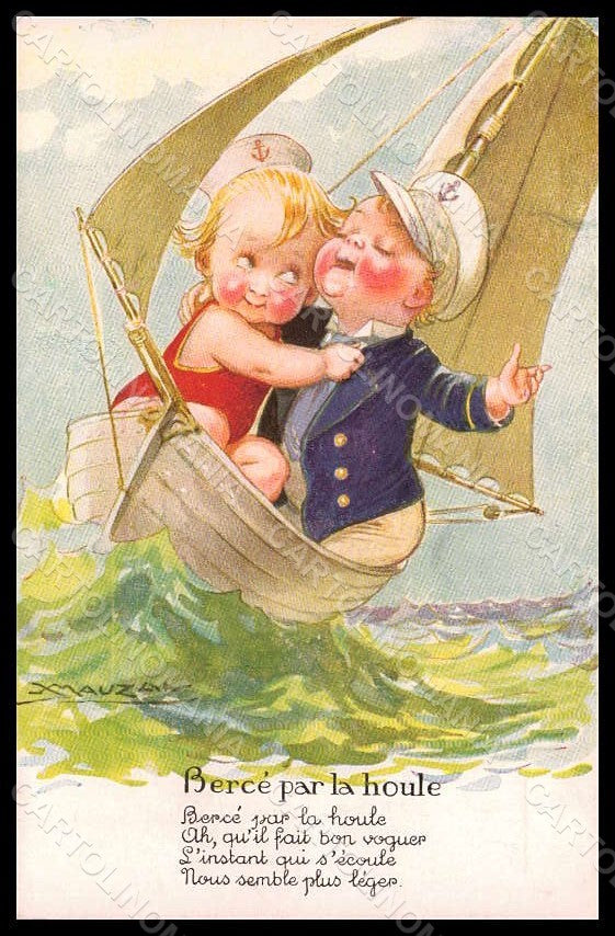 Artist Signed Mauzan Children Girl Boy Sea Boat serie 111 pc VK7597 – fronte