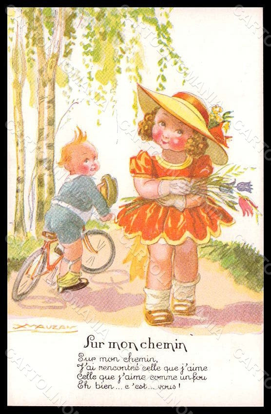 Artist Signed Mauzan Children Girl Boy Bicycle serie 114 pc VK7601 – fronte