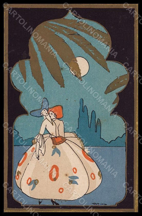 Artist Signed Scattina Lady Romantic Couple Art Deco Paper Moon postcard VK7630 – fronte