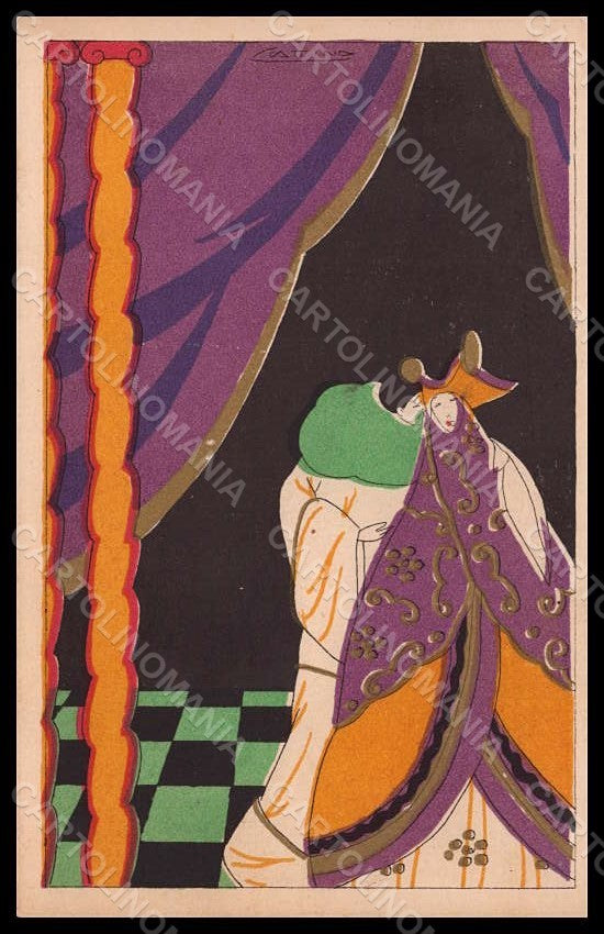 Artist Signed Scattina Venetian Lady Pierrot Romantic Art Deco postcard VK7632 – fronte