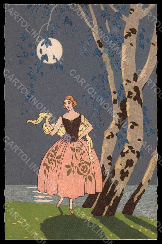 Artist Signed Meschini Lady Paper Moon Art Deco serie 2196 pc VK7639 – fronte