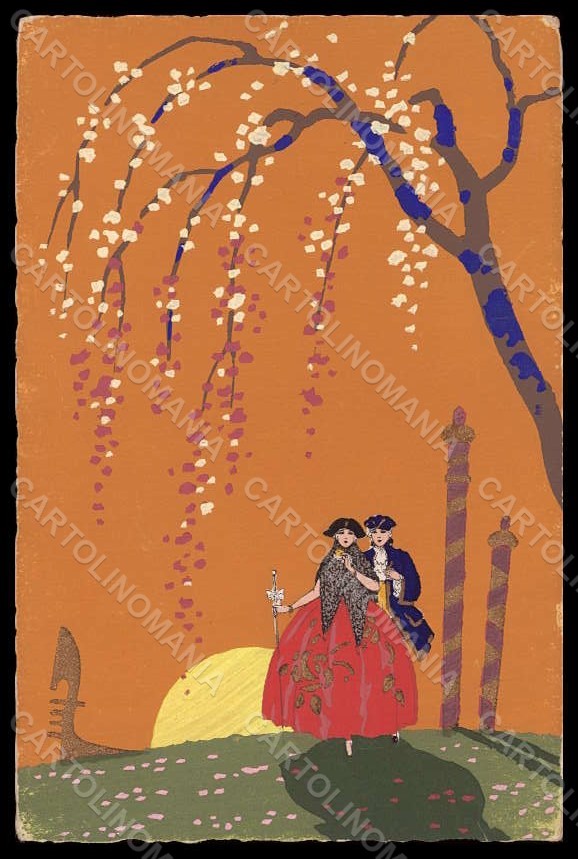 Artist Signed Meschini Venetian Lady Romantic Art Deco Hand Painted pc VK7642 – fronte