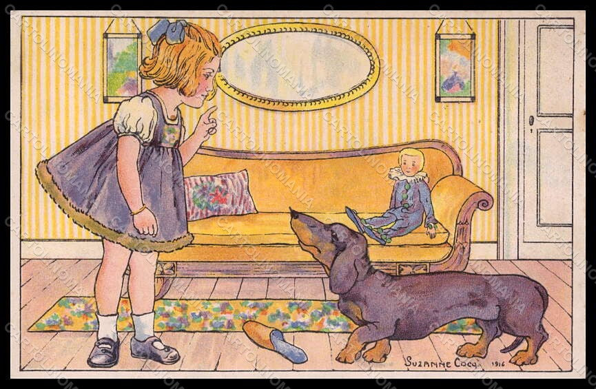 Artist Signed Cocq Suzanne Girl Dachshund Dog pc VK7734 – fronte