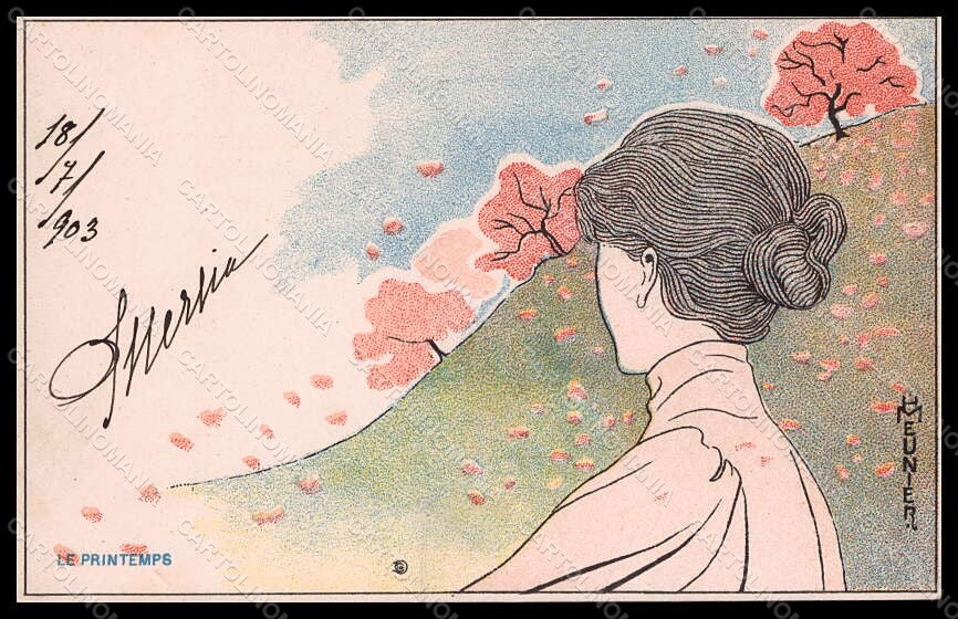 Artist Signed Meunier H. Lady Art Nouveau Season Pritemps Spring pc VK7758 – fronte