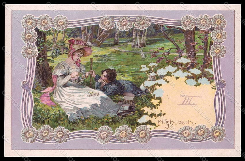 Artist Signed Schubert Lady Romantic Couple Art Nouveau serie 6-3 pc VK7777 – fronte