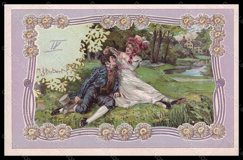 Artist Signed Schubert Lady Romantic Couple Art Nouveau serie 6-4 pc VK7778 – fronte