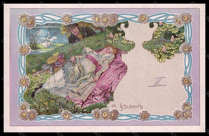 Artist Signed Schubert Lady Romantic Couple Art Nouveau serie 6-1 pc VK7779 – fronte