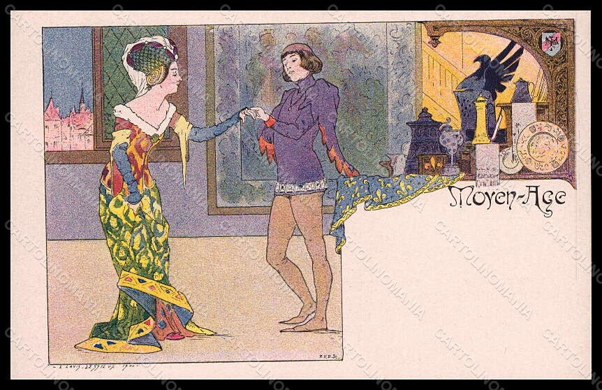 Artist Signed Lessieux Lady Romantic Couple Moyen Age Art Nouveau pc VK7821 – fronte