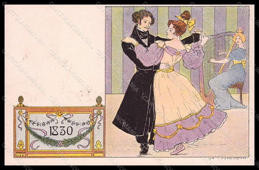 Artist Signed Lessieux Lady Couple 1830 Dance Harp Art Nouveau pc VK7822 – fronte
