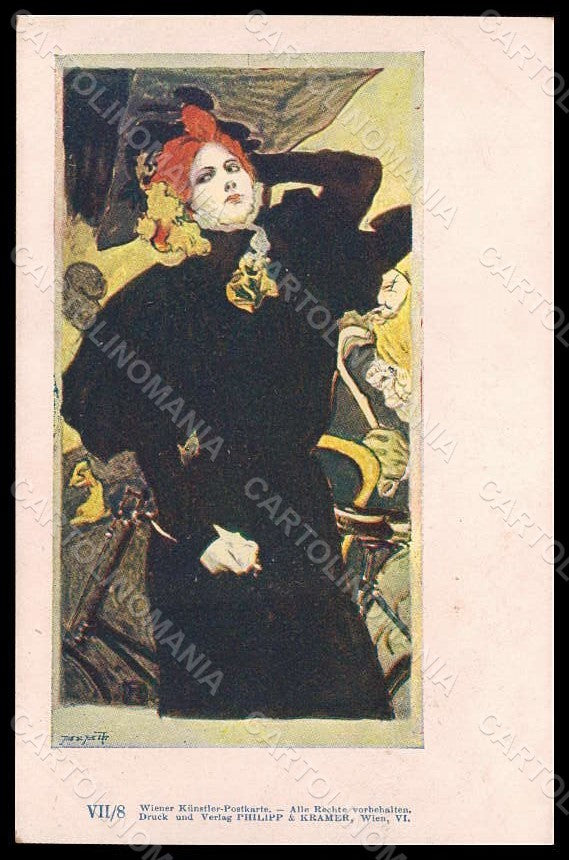 Artist Signed Hampel Lady Bicycle Art Nouveau Philipp & Kramer VII-8 pc VK7827 – fronte