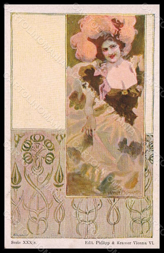 Artist Signed Hampel W. Lady Art Nouveau Philipp & Kramer serie XXX-8 pc VK7833 – fronte