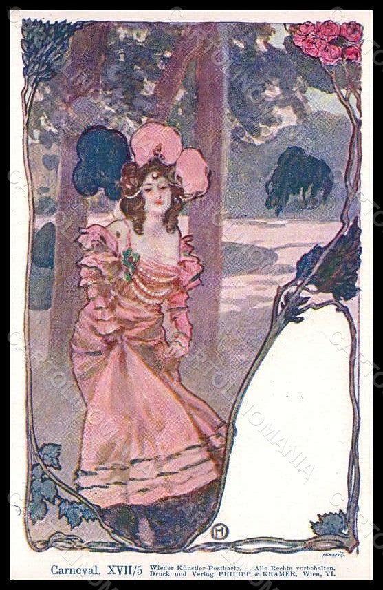 Artist Signed Hampel Lady Art Nouveau Carneval Philipp & Kramer XVII-5 pc VK7841 – fronte