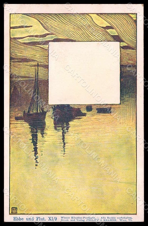 Artist Signed Hampel Boat Landscape Art Nouveau Philipp & Kramer XI-9 pc VK7848 – fronte