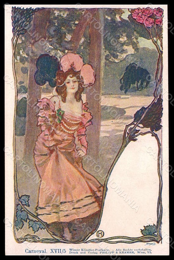 Artist Signed Hampel Lady Art Nouveau Carneval Philipp & Kramer XVII-5 pc VK7854 – fronte
