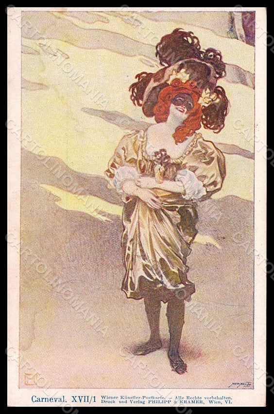 Artist Signed Hampel Lady Art Nouveau Carneval Philipp & Kramer XVII-1 pc VK7858 – fronte