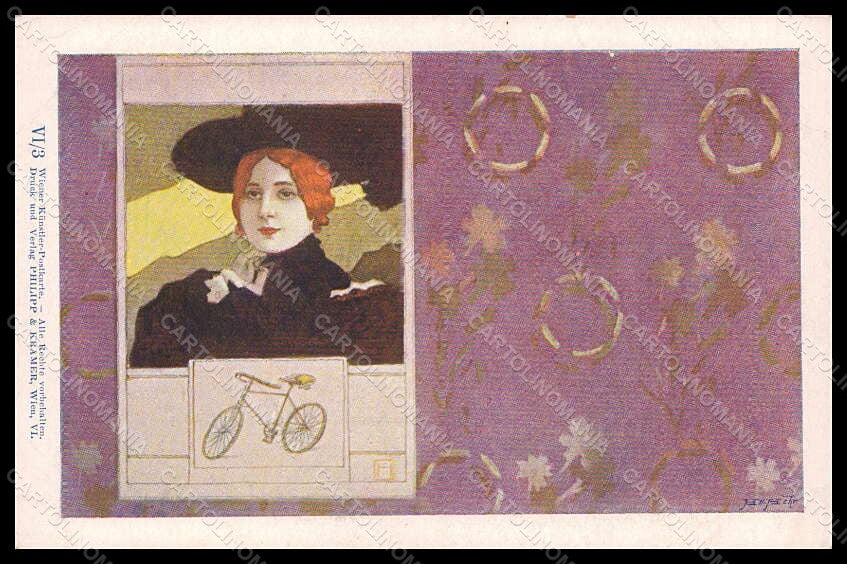 Artist Signed Hampel Lady Bicycle Art Nouveau Philipp & Kramer VI-3 pc VK7861 – fronte