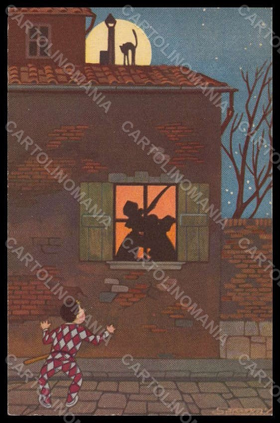 Artist Signed Sgrilli Children Harlequin Boy Paper Moon Cat 2111-2 pc VK7928 – fronte