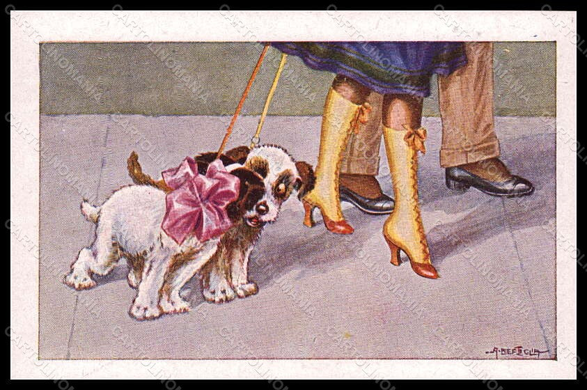 Artist Signed Bertiglia A. Fashion Lady Boot Dog Art Deco serie 2022-4 pc VK7974 – fronte