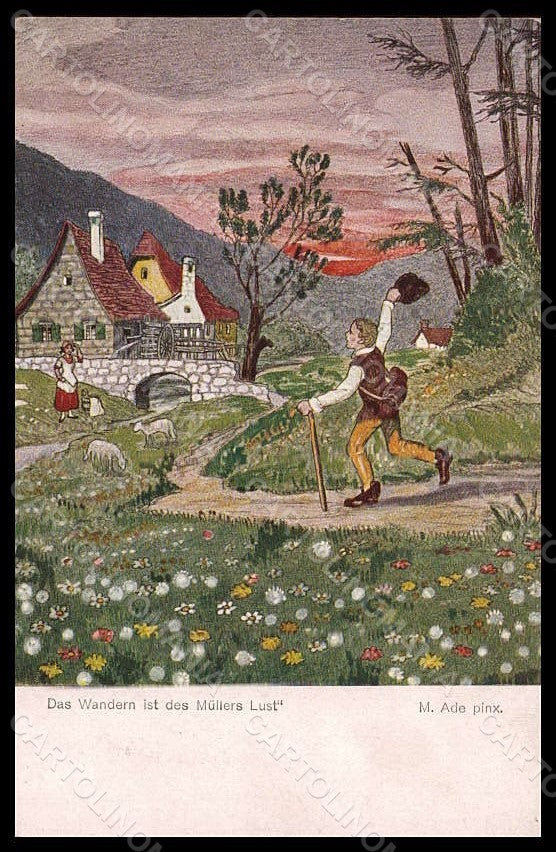 Artist Signed Ade M. Lady Man Landscape Das Wandern serie 147 postcard VK8008 – fronte
