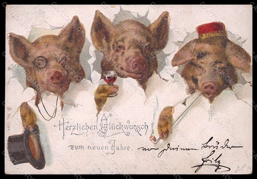 Artist Signed Dressed Humanized Pig Toasting New Year serie 7244 postcard VK8016 – fronte