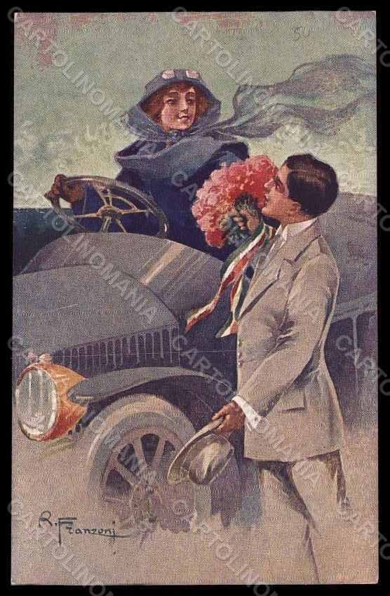 Artist Signed Franzoni R. Glamour Lady Car Man Art Deco serie 18-5 pc VK8233 – fronte