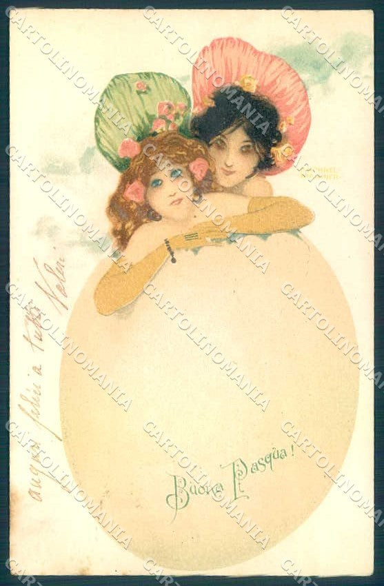 Artist Signed Kirchner Lady Girl and Egg Easter Buona Pasqua D.24.d-3 pc VK8531 – fronte