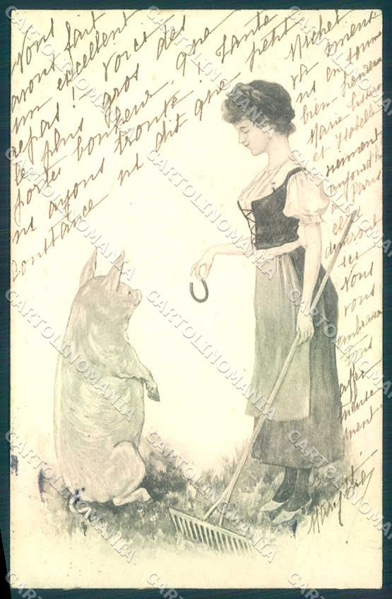 Artist Signed Kirchner Max Raschka Lady Pig B.R.W 382 postcard VK8867 – fronte