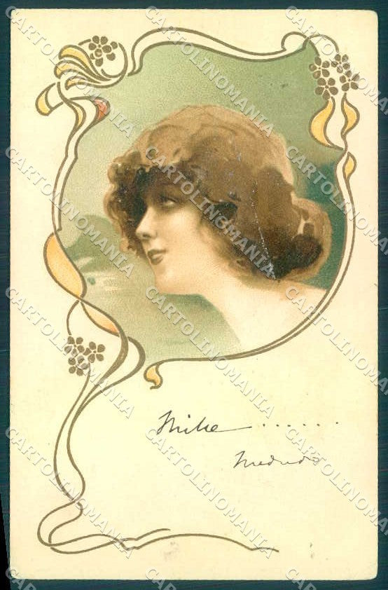 Artist Signed Lady Art Nouveau Relief CORNER CREASED postcard VK8870 – fronte